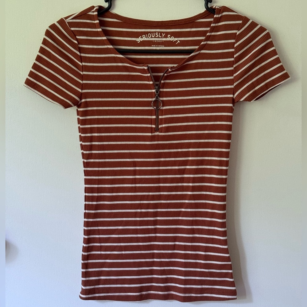 Aeropostale Ribbed Baby Tee Ring Zip Striped Top XS
